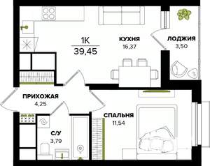 1-к квартира, строящийся дом, 39м2, 23/25 этаж