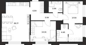 2-к квартира, строящийся дом, 76м2, 20/25 этаж