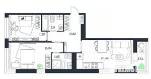 2-к квартира, строящийся дом, 70м2, 9/20 этаж
