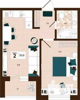 2-к квартира, строящийся дом, 40м2, 9/14 этаж