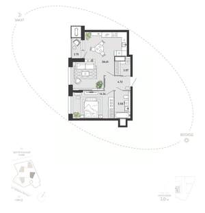 1-к квартира, вторичка, 59м2, 9/21 этаж