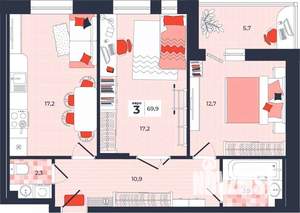 3-к квартира, строящийся дом, 70м2, 2/14 этаж