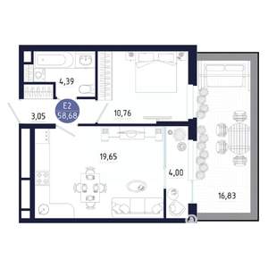 2-к квартира, строящийся дом, 59м2, 1/25 этаж