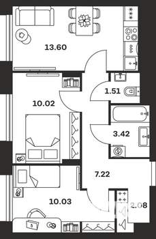 2-к квартира, вторичка, 48м2, 7/15 этаж