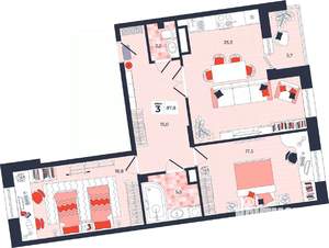 3-к квартира, строящийся дом, 88м2, 8/14 этаж
