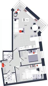 3-к квартира, строящийся дом, 72м2, 7/14 этаж