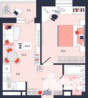 2-к квартира, строящийся дом, 45м2, 12/14 этаж