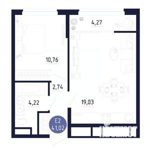 1-к квартира, строящийся дом, 41м2, 14/25 этаж