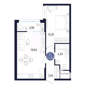 1-к квартира, строящийся дом, 45м2, 13/25 этаж