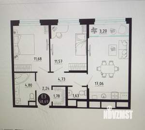 2-к квартира, вторичка, 59м2, 10/10 этаж
