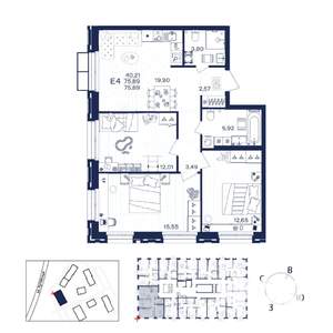 3-к квартира, строящийся дом, 76м2, 2/15 этаж