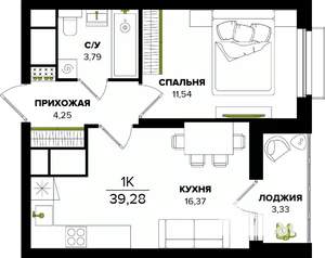1-к квартира, строящийся дом, 39м2, 18/25 этаж