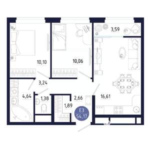 2-к квартира, строящийся дом, 54м2, 22/25 этаж