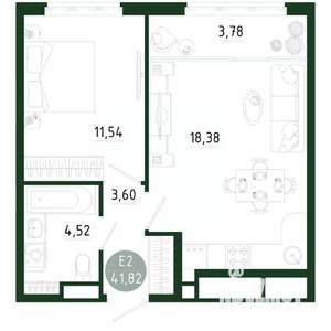 1-к квартира, строящийся дом, 42м2, 14/25 этаж