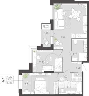 2-к квартира, вторичка, 84м2, 1/21 этаж