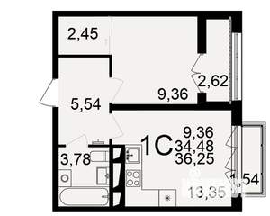 1-к квартира, строящийся дом, 34м2, 17/18 этаж