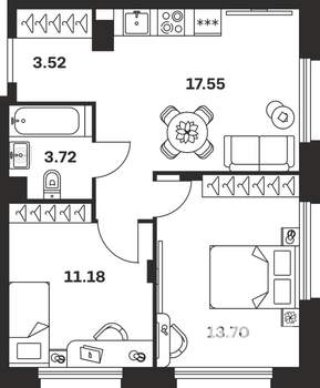 2-к квартира, вторичка, 50м2, 1/9 этаж