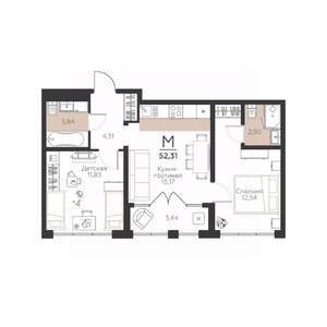 2-к квартира, строящийся дом, 52м2, 1/5 этаж