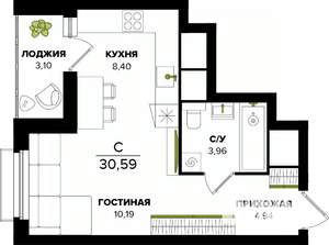 Студия квартира, строящийся дом, 31м2, 20/25 этаж