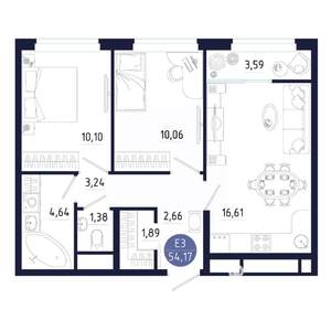2-к квартира, строящийся дом, 54м2, 18/25 этаж