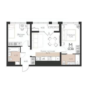 2-к квартира, строящийся дом, 53м2, 4/5 этаж