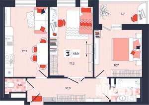 3-к квартира, строящийся дом, 69м2, 3/14 этаж