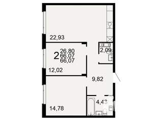 2-к квартира, строящийся дом, 66м2, 1/9 этаж