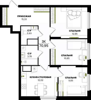 3-к квартира, вторичка, 71м2, 25/25 этаж