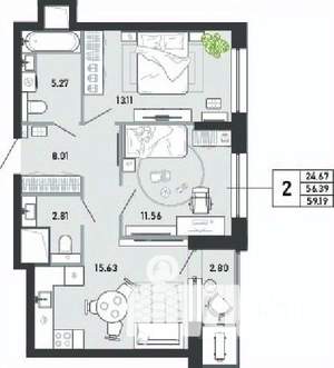 2-к квартира, вторичка, 59м2, 5/21 этаж