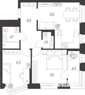 2-к квартира, строящийся дом, 62м2, 4/24 этаж