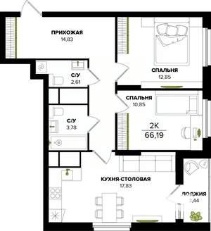 2-к квартира, вторичка, 66м2, 25/25 этаж