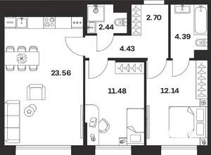 2-к квартира, вторичка, 61м2, 4/10 этаж