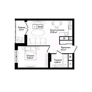 1-к квартира, строящийся дом, 44м2, 2/25 этаж