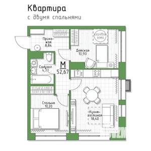2-к квартира, строящийся дом, 53м2, 4/5 этаж