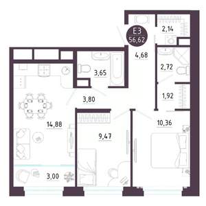 2-к квартира, вторичка, 57м2, 3/10 этаж