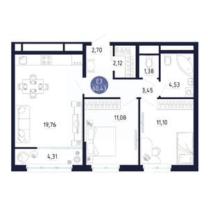 2-к квартира, строящийся дом, 60м2, 24/25 этаж