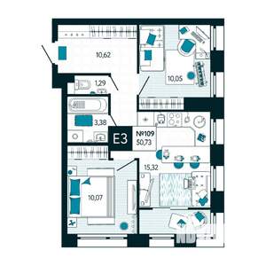 2-к квартира, вторичка, 51м2, 10/15 этаж