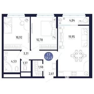 2-к квартира, строящийся дом, 59м2, 2/25 этаж