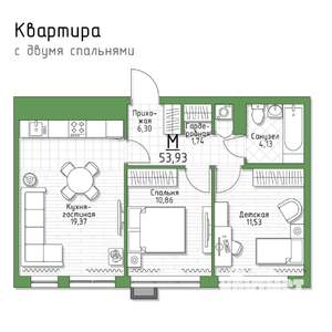 2-к квартира, строящийся дом, 54м2, 2/5 этаж