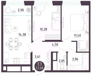 2-к квартира, вторичка, 53м2, 10/10 этаж