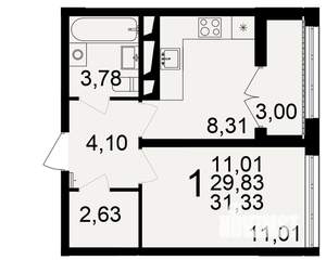 1-к квартира, строящийся дом, 30м2, 2/18 этаж