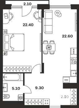 1-к квартира, вторичка, 64м2, 2/9 этаж