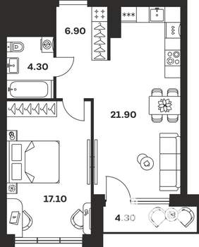 1-к квартира, вторичка, 55м2, 2/9 этаж