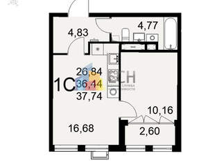 1-к квартира, вторичка, 38м2, 2/16 этаж