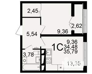 1-к квартира, строящийся дом, 34м2, 2/18 этаж