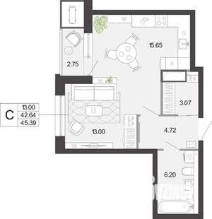 Студия квартира, вторичка, 45м2, 2/21 этаж