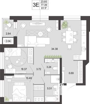 2-к квартира, вторичка, 81м2, 1/21 этаж
