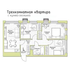 3-к квартира, строящийся дом, 64м2, 4/5 этаж