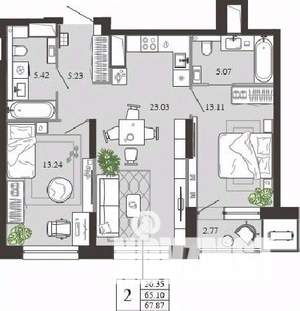 2-к квартира, вторичка, 68м2, 14/21 этаж