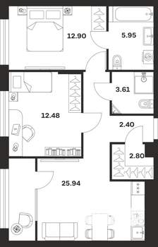2-к квартира, строящийся дом, 66м2, 1/25 этаж
